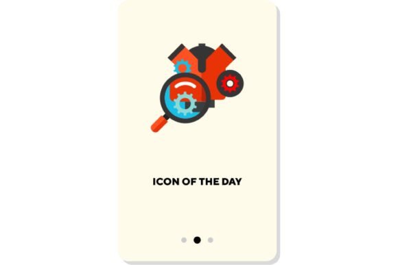 Car Engine Flat Vector Icon with Magnifying Glass: Visualizing Automotive Diagnostics
